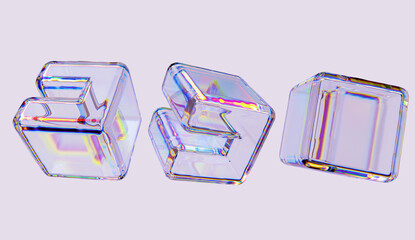 Poster - Set of 3d transparent glossy cube shape with dispersion effect. Rainbow colors reflection glass. 3d illustration.