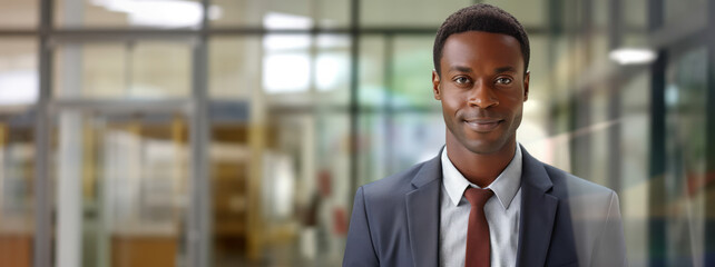 Wall Mural - Portrait of Black Handsome Businessman in formal suit. Business and career success concept. Office background. Guy smiles and look at the camera. Copy space. Ai generative.