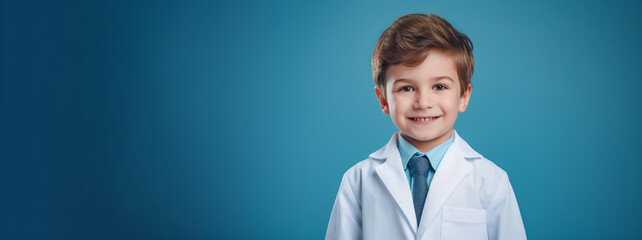 A boy in a doctor costume pretending he is a medical student. Blue background copy space. Future job orientation concept. Ai generative.