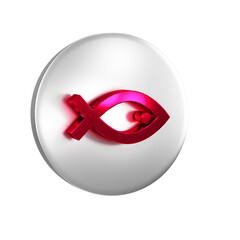 Poster - Red Christian fish symbol icon isolated on transparent background. Jesus fish symbol. Silver circle button.