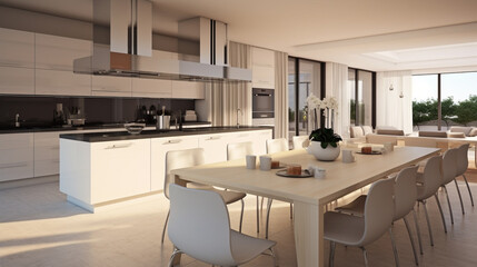 Sticker - Modern kitchen with sitting and dining area. Beautiful white massive dining table. generative ai