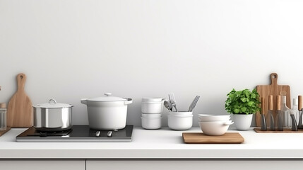 Sticker - Modern white kitchen interior with coffee pot, pot and knives on table. Wooden table. generative ai