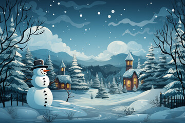 Wall Mural - winter landscape with christmas trees and snowman