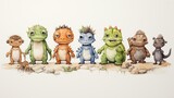 Fototapeta Dziecięca - Group of cute dinosaurs on a white background, watercolor illustration.