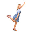 Portrait, girl and kid fly in game or fantasy with happiness in transparent, isolated or png background. Happy, child and jump or imagine flying as a hero for creative, pretend and childhood freedom