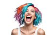 © ramses - happy young woman with colored hair laughs and screams with joy isolated on white background