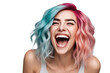 happy young woman with colored hair laughs and screams with joy isolated on white background
