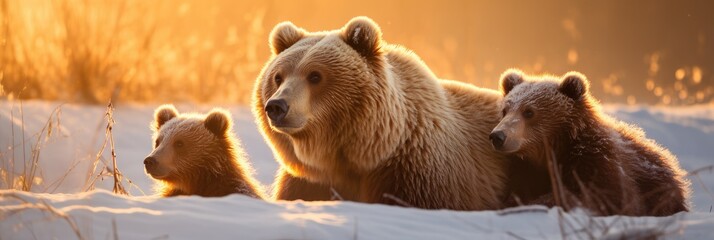 Protective female brown bear (ursus arctos) standing close to her two cubs. Adorable young mammals with fluffy coat with mother in winter. Wildlife scene. Animal family concept