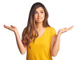 Woman, confused and shrug for decision, choice or option with hands for presentation. Female model, gesture and thinking emoji on isolated or transparent png background for offer, unsure or question