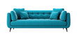 Chic blue sofa with tufted backrest and plush cushions, stylishly perched on slender wooden legs, on transparent background. Cut out furniture. Front view. PNG
