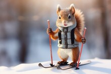 Cute Red Squirrel In A Warm Jacket Is Skiing. Funny Pet Play Winter Game. Winter Sport Creative Concept For Design, Banner, Poster. Baby Winter Holidays Creative Greeting Card With Copy Space