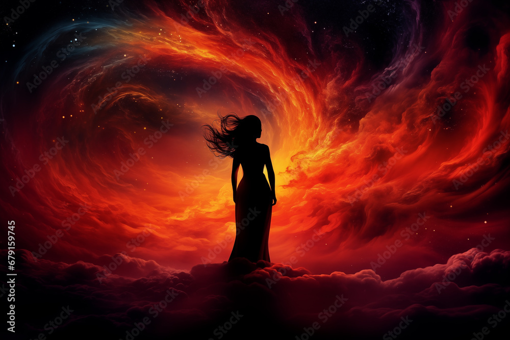 silhouette of a woman against the background of a nebula in space ...