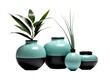 Aesthetic collection of turquoise and black vases with graceful lines and live green plants, creating a serene composition, on transparent background. Interior accessories, cut out. PNG