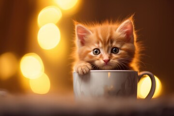 Wall Mural - Cute fluffy ginger kitten sitting in white tea cup on dark blurred background with golden lights. Funny cat. New year and Christmas greeting card, poster, banner with copy space