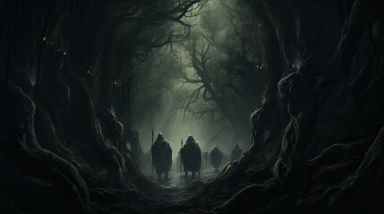 Poster - A perilous journey through a dark and twisted forest, where a group of adventurers faces mythical creatures and treacherous paths.