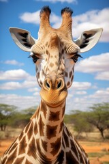 Poster - A close-up of a curious giraffe, with its long neck and soulful eyes gazing into the distance, representing curiosity and wonder.