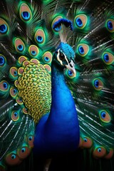 Poster - A striking portrait of a vibrant peacock, with its iridescent feathers fanned out in a display of beauty and pride.