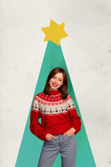 Sticker - Creative magazine collage image of smiling cute lady decorating xmas tree isolated beige color background