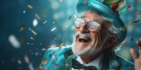 Wall Mural - Happy laughing senior man grandad grandfather grandpa with glasses and falling confetti on teal blue background. Modern old guy with smile celebrating at party.