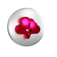 Poster - Red Storm icon isolated on transparent background. Cloud and lightning sign. Weather icon of storm. Silver circle button.