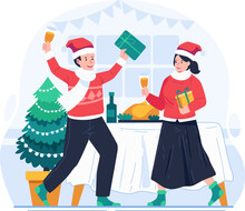 Christmas Party And New Year Celebration. A Happy Couple In Winter Holiday Outfits Standing With Each Holding Gift Boxes And Champagne Glasses