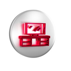 Poster - Red TV table stand icon isolated on transparent background. Silver circle button.