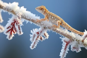 Poster - gecko scaling a frost-decked tree branch