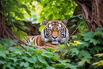 Poster - tiger lounging in thick green foliage