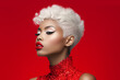 A beautiful African American woman with an extreme short platinum haircut with red lips and make up