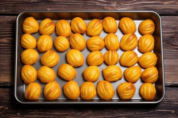 Poster - a baking tray filled with small, unbaked brioche rolls