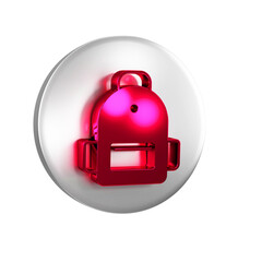 Poster - Red School backpack icon isolated on transparent background. Silver circle button.