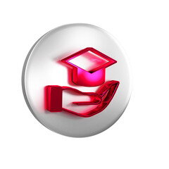 Sticker - Red Education grant icon isolated on transparent background. Tuition fee, financial education, budget fund, scholarship program, graduation hat. Silver circle button.