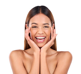 Canvas Print - Happy woman, portrait and touch face for skincare, aesthetic glow or clean dermatology isolated on transparent png background. Natural beauty, facial treatment or excited for healthy cosmetic results