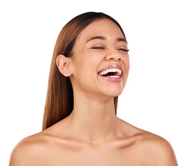 Poster - Beauty, laugh and face of woman for skincare on isolated, png and transparent background for spa. Dermatology, salon aesthetic and happy person with joy for facial treatment, wellness and cosmetics