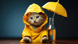 Alcohol awareness month or Dry January. A cute little kitty in a yellow raincoat and a bottle nearby as a symbol of staying dry. Alcohol-Free Challenge. No alcohol creative concept. Copy space, banner