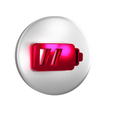 Poster - Red Battery for camera icon isolated on transparent background. Lightning bolt symbol. Silver circle button.