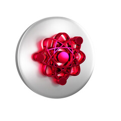 Poster - Red Atom icon isolated on transparent background. Symbol of science, education, nuclear physics, scientific research. Silver circle button.