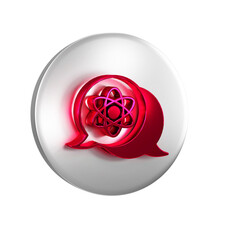 Poster - Red Atom icon isolated on transparent background. Symbol of science, education, nuclear physics, scientific research. Silver circle button.