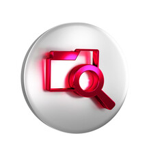 Sticker - Red Search concept with folder icon isolated on transparent background. Magnifying glass and document. Data and information sign. Silver circle button.