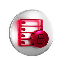 Canvas Print - Red Server security with closed padlock icon isolated on transparent background. Database and lock. Security, safety, protection concept. Silver circle button.