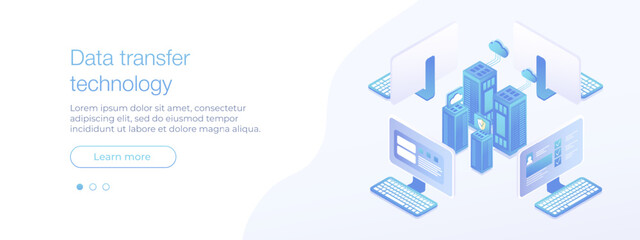 Data transfer server isometric vector illustration. Banner vector isometric illustration. Network mainframe website header layout. Computer storage. Vector illustration EPS 10