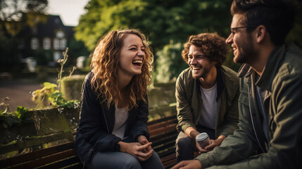 Wall Mural - Happy smiling group of friends sitting in park, friends are smiling and laughing while sitting on park