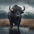 Fotografia con detalle de imponente bufalo en una charca de agua, con paisaje natural de fondo