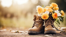 Orange And Yellow Flowers In Brown Boots In Garden ,spring Concept