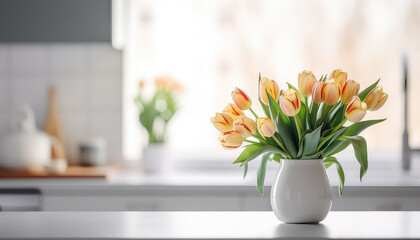 Poster - Tulips in a vase in the kitchen ,spring concept