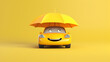 © Nonna - Cute funny yellow car under an umbrella. Car insurance and protection concept. Yellow background.