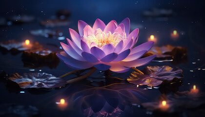 Sticker - Glowing lotus in the water at night in neon color ,spring concept