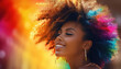 african american woman with curly hair in rainbow colors , black history month