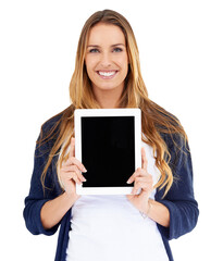 Poster - Portrait of happy woman, tablet and screen isolated on transparent png background for website promo. Smile model, mockup and digital app for online technology, application and internet announcement.