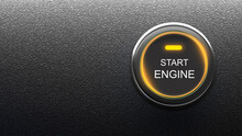 Start Engine Button. Starting Motor Of Electric Car. Start Engine Logo On Black Background. Button For Push Movement Of Modern Transport. Start Engine Button With Yellow Backlight. 3d Image